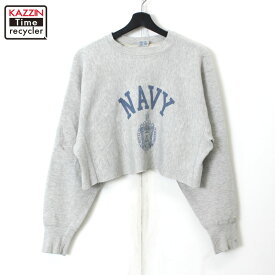 80s USA製 ヴィンテージ チャンピオン Champion 染み込み NAVY プリント カットオフ リバースウィーブスウェット 古着 ★ メンズ 表記LARGEサイズ グレー