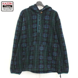 90s ヴィンテージ エルエルビーン L.L.Bean 総柄 フード付き プルオーバー フリース ジャケット 古着 ★ メンズ XLサイズ相当 ビッグサイズ オーバーサイズ グリーン