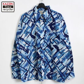 80s ヴィンテージ CARRIAGE HOUSE 総柄 ポリエステル 長袖シャツ 古着 ★ メンズ XLサイズ相当 ビッグサイズ オーバーサイズ ブルー