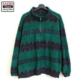 90s ヴィンテージ エディー・バウアー Eddie Bauer ネイティブ柄 ハーフジップ プルオーバー フリース ジャケット 古着 ★ メンズ 表記XLサイズ グリーン