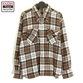【中古】70s ヴィンテージ チェック柄 ウール 長袖シャツ 古着 メンズ 表記XLサイズ ブラウン