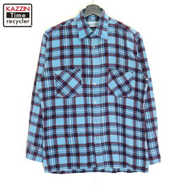 【中古】80s ヴィンテージ チェック柄 プリントネル ライトネル 長袖シャツ 古着 メンズ 表記Mサイズ ライトブルー・マルチカラー