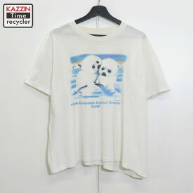 【中古】90s ヴィンテージ アニマル 半袖Tシャツ 古着 メンズ XLサイズ相当 ビッグサイズ オーバーサイズ ホワイト
