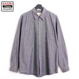 【中古】90s ヴィンテージ ストライプ柄 長袖シャツ 古着 メンズ XLサイズ相当 ビッグサイズ オーバーサイズ グレー