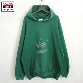 【中古】90s USA製 ヴィンテージ アディダス adidas トレフォイルロゴ スウェット パーカー 古着 メンズ 表記XLサイズ グリーン