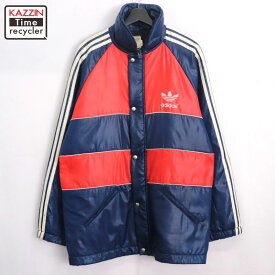 【中古】80s ヴィンテージ アディダス adidas 3ストライプ パデットジャケット 古着 メンズ 表記42サイズ ネイビー・レッド