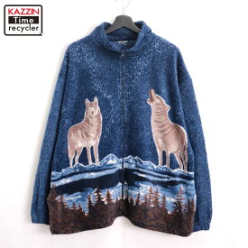 【中古】90s ヴィンテージ 総柄 ウルフ アニマル フリースジャケット 古着 メンズ XL~サイズ相当 ビッグサイズ オーバーサイズ ネイビー