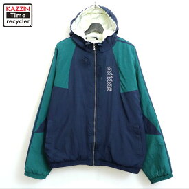 【中古】90s ヴィンテージ アディダス adidas ナイロンジャケット 古着 メンズ 表記Lサイズ ネイビー