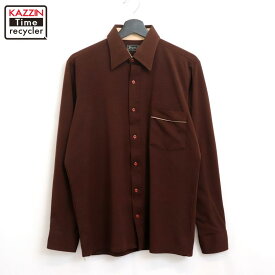 【中古】70s ヴィンテージ 無地 ポリエステル 長袖シャツ 古着 メンズ 表記Mサイズ ブラウン