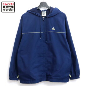 【中古】90s ヴィンテージ アディダス adidas 裏地メッシュ ナイロンジャケット 古着 メンズ 表記Lサイズ ネイビー