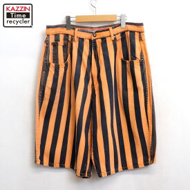 【中古】90s ヴィンテージ NIKOATA ストライプ柄 ショートパンツ 古着 メンズ Lサイズ相当 オレンジ・ブラック