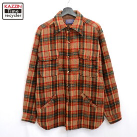 【中古】70s USA製 ヴィンテージ ペンドルトン PENDLETON チェック柄 エルボーパッチ ウール ジャケット 長袖シャツ 古着 メンズ 表記Lサイズ レッド・オレンジ