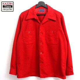 【中古】70s USA製 ヴィンテージ ペンドルトン PENDLETON 無地 オープンカラー ウール 長袖シャツ 古着 メンズ 表記Lサイズ レッド