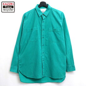 【中古】90s USA製 ヴィンテージ ストライプ柄 コットン 長袖シャツ 古着 メンズ 表記Lサイズ ターコイズブルー