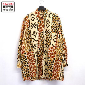 【中古】00s アニマル柄 総柄 長袖シャツ 古着 メンズ XL~サイズ相当 ビッグサイズ オーバーサイズ イエロー