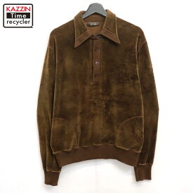 【中古】80s ヴィンテージ Christopher ポケット付き プルオーバー ベロア 長袖シャツ 古着 メンズ 表記Lサイズ ブラウン