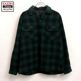 【中古】70s ヴィンテージ オンブレチェック柄 エルボーパッチ オープンカラー ウール 長袖シャツ 古着 メンズ Lサイズ相当 ブラック・グリーン