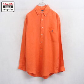 【中古】90s ヴィンテージ ラルフローレン RALPH LAUREN リネン ボタンダウン 長袖シャツ 古着 メンズ 表記Mサイズ オレンジ