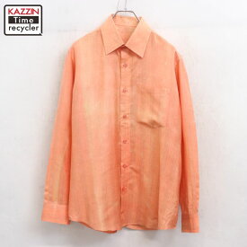 【中古】80s ヴィンテージ ストライプ柄 シャイニー 長袖シャツ 古着 メンズ Sサイズ相当 オレンジ・マルチカラー