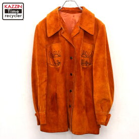 【中古】70s ヴィンテージ レザー スウェード ジャケット 古着 レディース Mサイズ相当 オレンジ