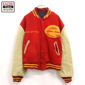 【中古】60s ヴィンテージ アームレザー チェーンステッチ ウールスタジャン 古着 メンズ XLサイズ相当 ビッグサイズ オーバーサイズ オレンジ