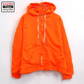 【中古】80s USA製 ヴィンテージ 裏地サーマル ジップアップ スウェット パーカー 古着 メンズ 表記Lサイズ オレンジ