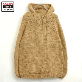 【中古】80s ヴィンテージ レースアップ フーディー ニットセーター 古着 メンズ Mサイズ相当 ベージュ
