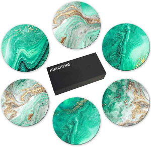 HUACHENG コースター おしゃれ 6個セット セラミック製 大理石模様 耐熱 保護コルク裏面 マグ お茶パッド カップマット 吸水 速乾 断熱 滑り止め 家庭用 オフィス用 ボヘミアン風 丸型 ホルダ
