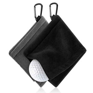 ゴルフ タオル ゴルフボールクリーナー ゴルフ用清潔具 カラビナと 便利 防水 キーホルダーバックル 14*14cm 2個入り ゴルフボールクリーニングタオル(黒とグレーが一つずつです)