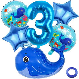 クジラ 誕生日パーティーバルーン クジラバルーン 3歳の誕生日デコレーション用 ジャンボクジラホイルバルーン ブルー ナンバー3 ヘリウムバルーン 男の子の誕生日パーティー用