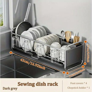1ステンレス製キッチンシンク 狭いエッジ 食器ラック、多機能 小型キッチン収納整理ボックス、食器ラックとカップ水切り付き、耐久性のあるプラスチック製