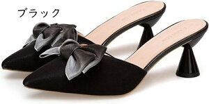 レディースサンダル ミュール リボン付き Vカット カジュアル スリッパパンプス フォーマル オフィスサンダル ヒール 6cm かかとなし ミドルヒール ポインテッドトゥ 女っぽい 歩きやすい 疲