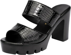 ミュール サンダル チャンキーヒール オープントゥ レディース ハイヒール サンダル 太ヒール ピンヒール 婦人 ブラック 黒 スリッパ パンプス パイソン おしゃれ サボミュール 厚底 軽量 歩