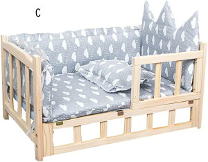 ペットベッド 木製犬用ベッド ペットベッド ヘッドレスト付き 高架ペットベッドフレーム 冬用 暖かい犬用ベッド ガードレールと階段付き 犬 ペット 猫用