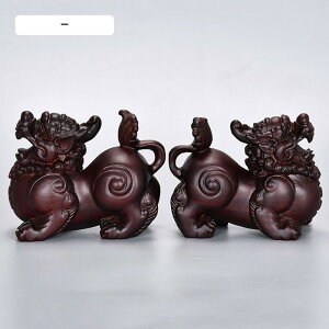 木彫り 風水 貔貅 ヒキュウ 黒檀木 風水置物 金運アップ インテリア お守り 財運 開運(雄雌一対 セット) (15 X 6 X 12 CM)