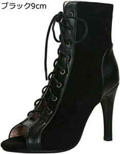 大きいサイズ 夏靴 レースアップ 透かし彫り ショートブーツ ブーツサンダル フェイクスエード レディース オープントウ ピンヒール ハイヒール セクシー ダンス キャバ ブラック フィート