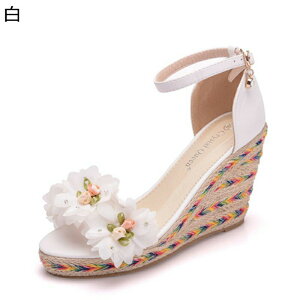 ジュートサンダル ウェッジソール レディース 花飾り 厚底サンダル セパレートサンダル アンクルストライプ ハイヒール 歩きやすい 可愛い カジュアル お茶会 披露宴 春夏 大きいサイズ