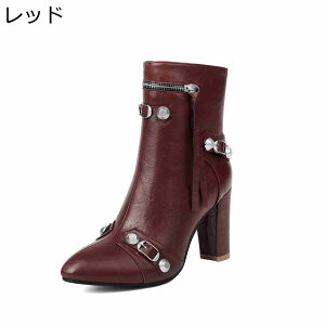 ショートブーツ レディース アンクルブーツ 合皮 足細 8.5cm チャンキーヒール サイドジップ ベルト 歩きやすい 大人 幅広 短靴 フェミニン 大きいサイズ 秋冬 滑り止め 通勤 パーティ ストリ