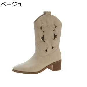 ジョッキーブーツ レディース 透かし彫り ポインテッドトゥ 大きいサイズ ウェスタンブーツ 太めヒール 秋冬 ショートブーツ 合皮 美脚 滑り止め ソフト 履きやすい 軽量 クラシック アメカ