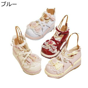 ロリータ 厚底靴 レースフリル 5CM パンプス レディース メイド靴 Lolita靴 リボン 蝶結び パッチワーク 可愛い プラットフォーム 嬢様風 ファッション 美脚 姫系 柔らかい おでこシューズ 女子