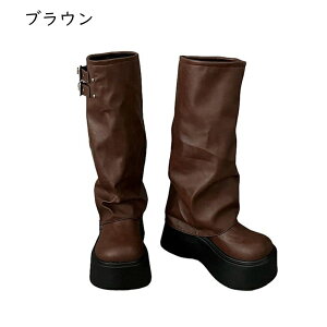 ロングブーツ プラットフォーム 身長アップ6cm 厚底ソール ゆったり B系 原宿風 ギャル風 ベルト飾り 病み可愛い 地雷系 レディース 防水 秋冬靴 セクシー 長ブーツ 履きやすい きれいめ