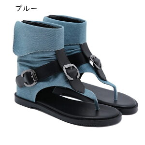 ローマ風サンダル トングサンダル レディース フラット ショートブーツ ハイカット デニム バックジッパー ベルト飾り 欧米風 春 夏 夏靴 カジュアルシューズ 爽やか 涼しい 歩きやすい