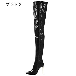 ロングブーツ オーバーニーハイブーツ超長い筒丈 ハイヒール レディース ピンヒール 秋 冬 エナメル ポインテッドトゥ セクシー ダンス 欧米風 大きいサイズ 脱げない 撥水 メンズ 女装