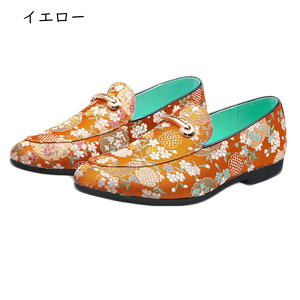 ドライビングシューズ モカシン 桜 花柄 和風和柄 メンズ 大きいサイズ 刺繍 総柄 ペタンコ 紳士靴 春夏秋冬 ローファー スリッポン スリップオン カジュアル ファッション 原宿風 イエロー