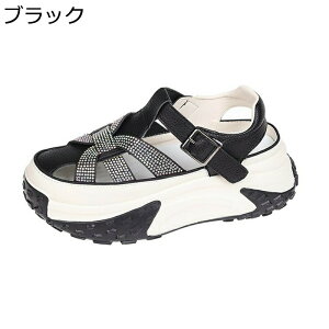 5cm厚底 透かし彫りデザイン レディース スニーカー スポーツサンダル オープントゥ 夏用 バックル ストラップ キラキラ付 ローカット オシャレ 革 メッシュ 防滑 ゴム レジャー 女性