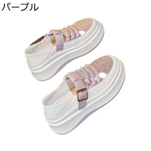 透かし彫りデザイン スポーツサンダル 厚底 レディース PUレザー バックル 可愛い スリッポン 夏 かかと踏む ヒールの高さ6cm 耐滑 美脚効果 2ways キラキラ スニーカー カジュアル