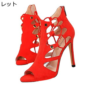 ハイヒール サンダル 11cmヒール レディース ローマ風 バックジッパー オープントゥ PUレザー 透かし彫り サマーブーツ 春夏 通気性 滑りにくい サンダルブーツ 舞台 イベント セクシー