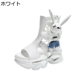 サマーブーツ サンダルブーツ ウサギ飾り レディース 5cmヒール 厚底 かわいい オープントゥ 牛革 ゴムソール バックジッパー 夏 防滑 ハイカット ファンションサンダル プラットフォーム