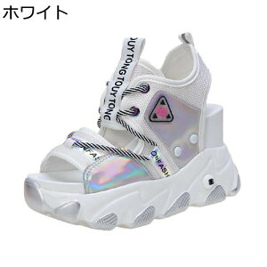 透かし彫り スニーカー 厚底 レディース 面ファスナー 9.5cmヒール オープントゥ メッシュ レースアップ 船型底 スポーツサンダル オシャレ 夏 メタリック トレンディー 滑り止め 衝撃吸収