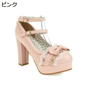 10CMヒール パンプス ロリータ レディース 大きいサイズ 姫系 リポン アンクルストラップ ダブルストラップ レース チャンキーヒール 茶話会 甘ロリ靴 蝶結び 定番 ゴスロリ お嬢様 仮装